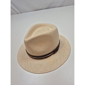 Bailey Hat Panama Fitted Mens M Beige Straw Leather Wide Brim Poet Made In USA